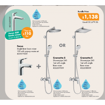 Focus Single Lever Basin Mixer 100 & Crometta S / E Showerpipe 240 1 Jet with single lever mixer